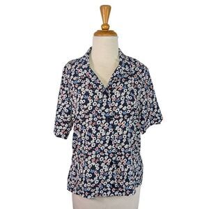 Leslie Fay 10 M Navy Blue Floral Button Down Shirt Short Sleeve VTG Cottagecore